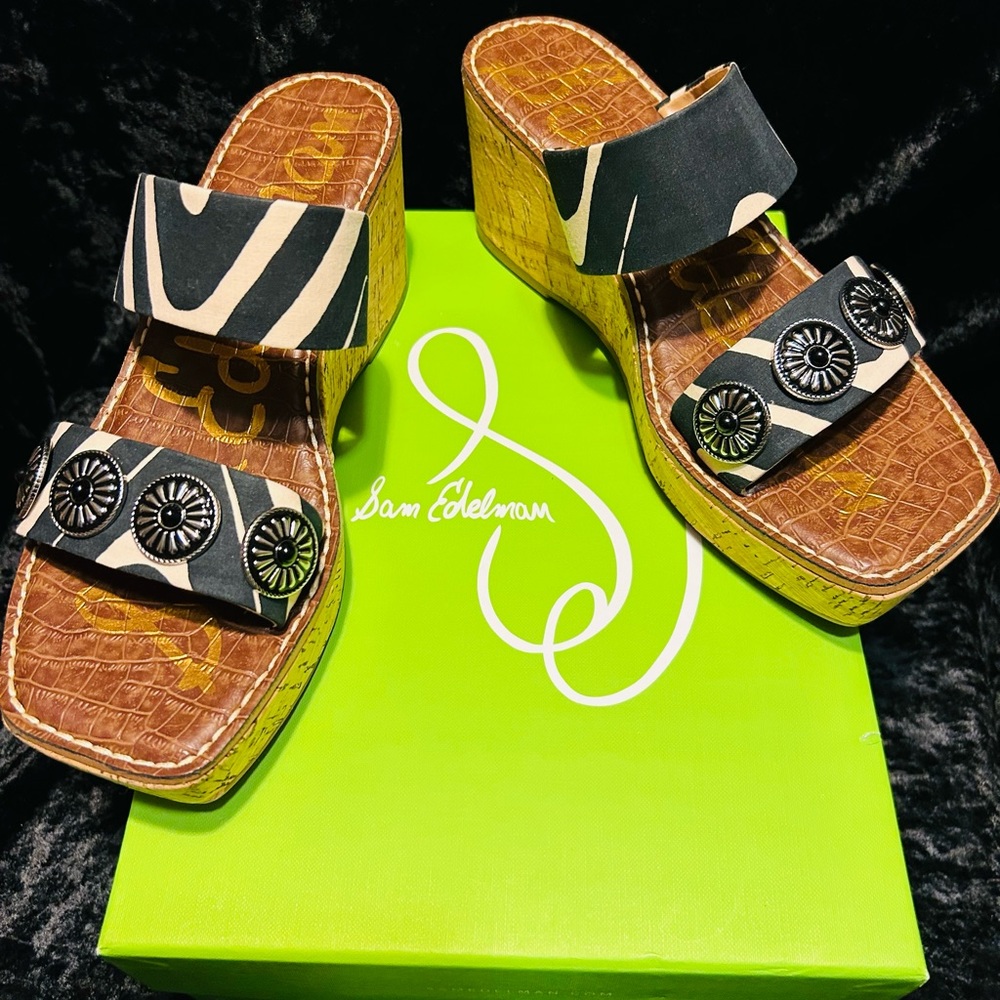 Sam Edelman gorgeous Abril Platform- black & natural linen wedge sandal